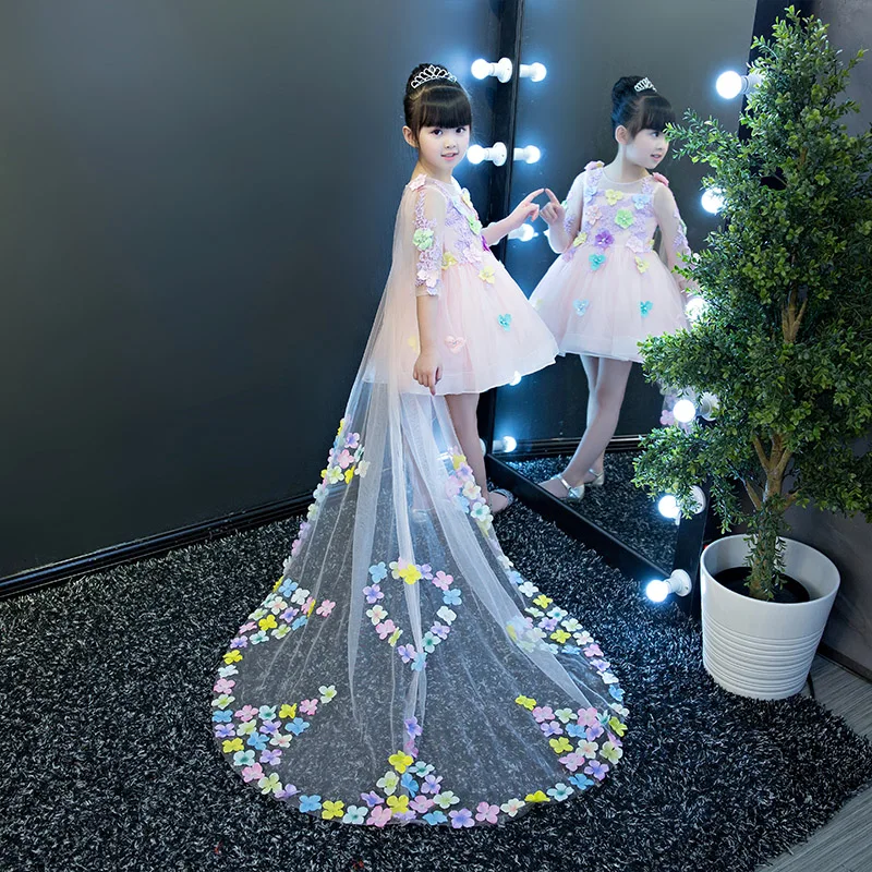 

Girl flowers Trailing wedding dresses high quality Children Kids Tutu Princess Birthday Lace dress Costume Pageant Party Dress