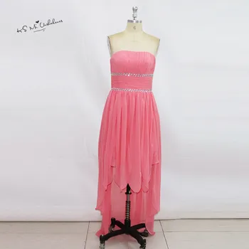 

Blush Pink Bridesmaid Dresses Long Elegant High Low Wedding Party Dress 2017 Crystals Vestido de Gala Long Back Short Front Prom
