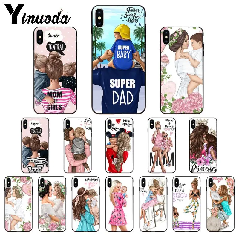 

Yinuoda Black Brown Hair Baby Mom Girl Super Dad TPU Soft Phone Case Cover for iPhone X XS MAX 6 6S 7 7plus 8 8Plus 5 5S XR