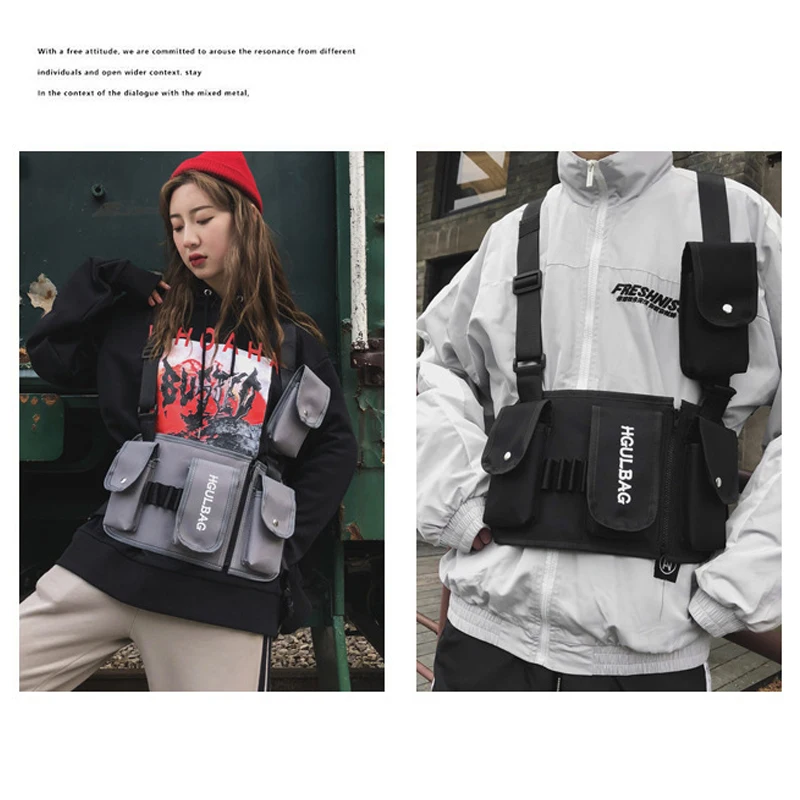 الرجال الصدر تزوير حقيبة المرأة الخصر حزمة الورك هوب الكتف Crossbody رجل التكتيكية كاني ويست سترة الصدر الأسود الشارع الشهير أكياس 510