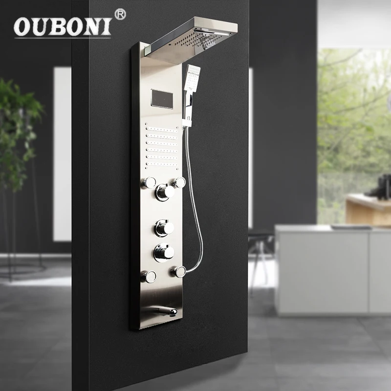 

OUBONI Nickel Brushed Dark Grey Digital Display Shower Panel Column LED Rain Waterfall Shower Spa Jets Bath Shower Mixer Faucet