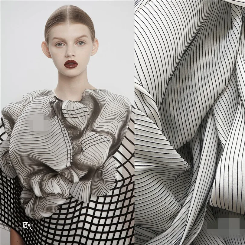

50cm*145cm/piece Three-dimensional stripe texture pleated black and white vertical fabric designer