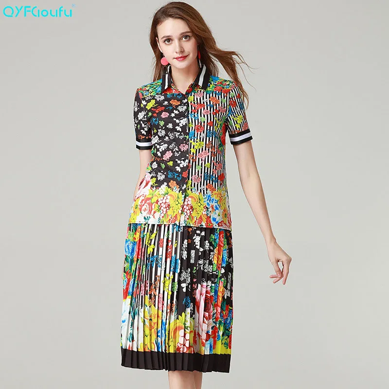 2019 Noir Les Femmes Pièce Blouse Courtes De Mode 2 Formelle Floral longue D'été Piste Plissée Imprimé Jupe Ensembles Pour Tenues Manches Qyfcioufu Mi Bg8wq8