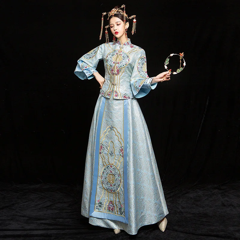 

Nevolty Blue Bride Toast Clothing Chinese Style Wedding Clothing Embroidery Coat+skirt Cheongsam Suit Vintage Women Wedding Sets