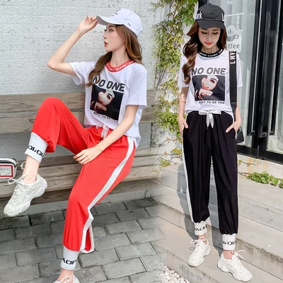 

Printed Fashion O-Neck Short Sleeve Loose Cotton T-shirts+High Waist Pencil Pants Women Summer Casual Outdoor Fitness 2PCS Sets