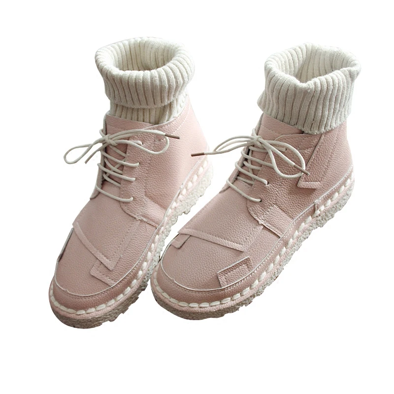 

2018 autumn and winter new wool mouth and ankle boots pink boots warm waterproof retro women's shoes