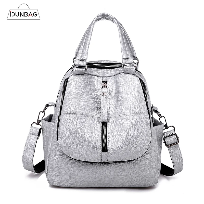 

IDUNBAG Women's backpack PU leather Zipper School Backpacks For Teenage Girls Silver Travel Bag Mochila Hot Sell School Bags