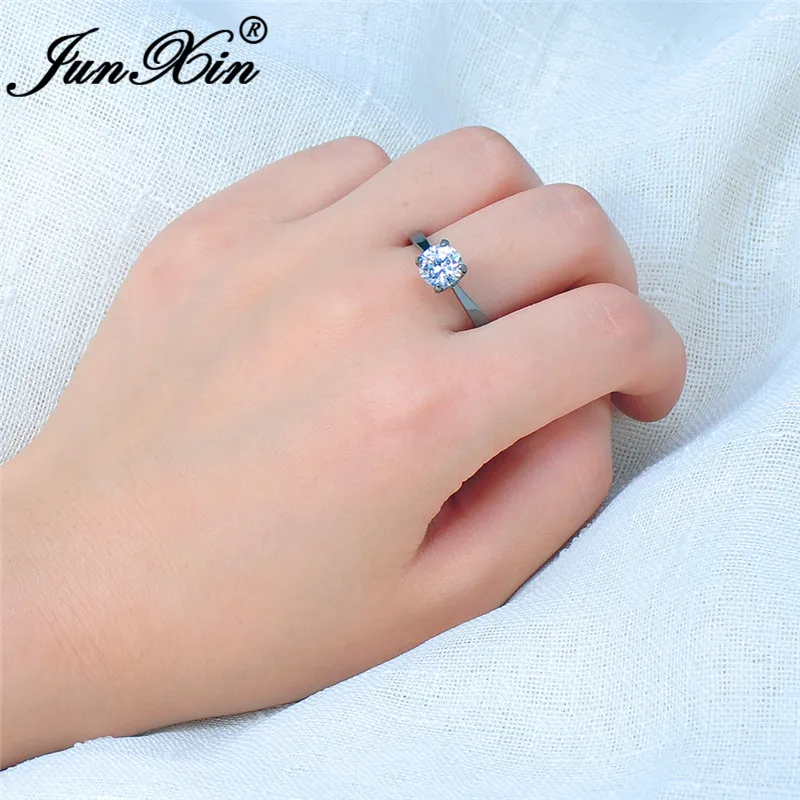 JUNXIN Multicolor Zircon Round Thin Rings For Women Black Gold Filled Red Blue White Pink Stone Wedding Bands Minimalist Jewelry