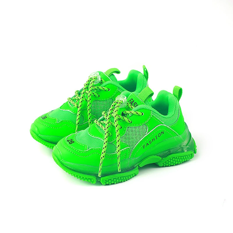 

2019 Boy Girls No Tie Shoelaces Fastening Lock Sneakers Toddler/Little/Big Kid Lace-Up Mesh Trainers Children Yellow Green Shoes