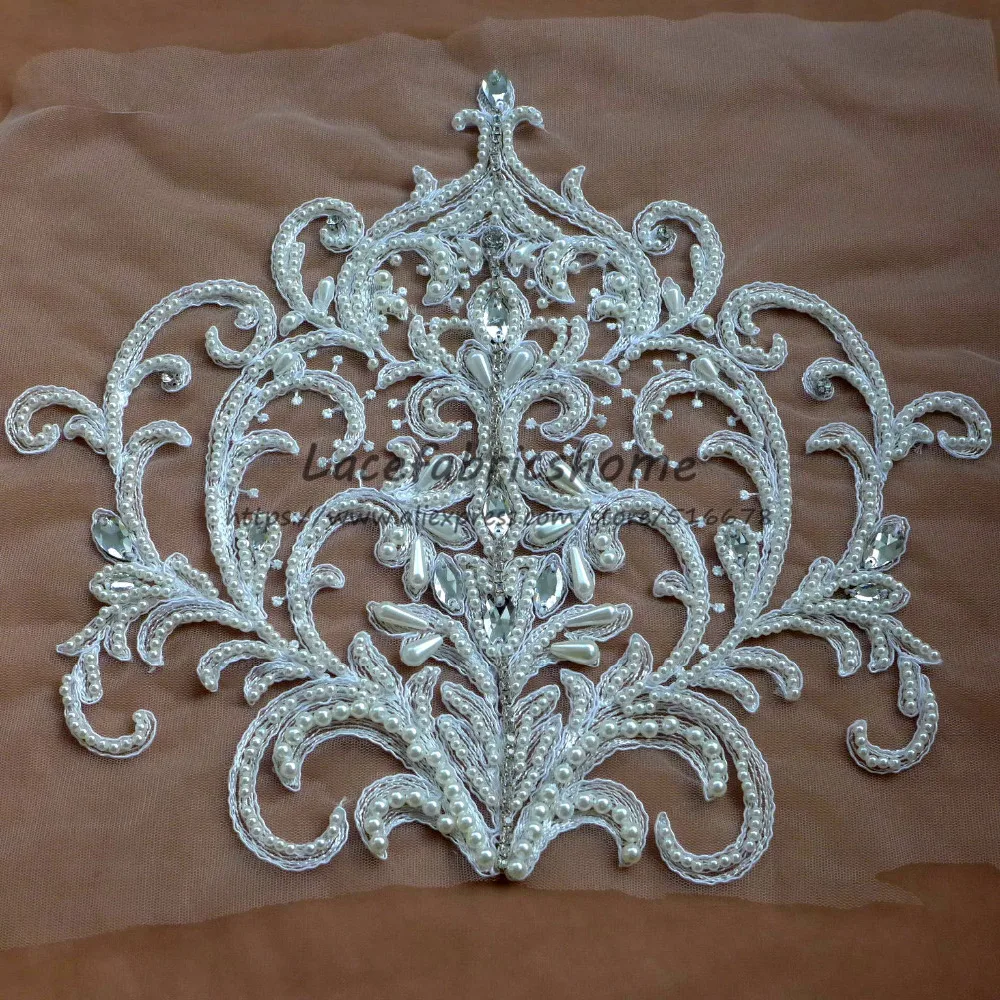

High quality off white with heavy beads applique patch ployester embroidery patch wedding dress Accessories 32*35cm 1/2 piece