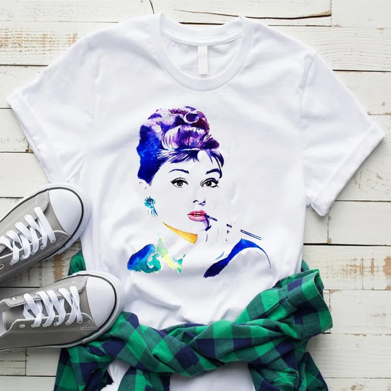 

Glamour Women's Summer New Short Sleeve 2019 Graffiti Audrey Hepburn Movie Star Super Sweet Thin Cartoon Game Funny Fashion Fit