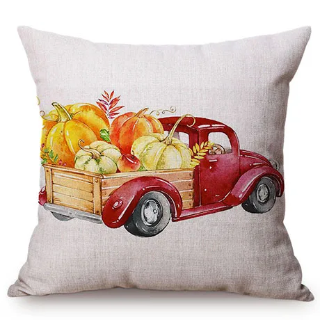 Red Vintage Car Pumpkin Autumn Harvest Thanksgiving Decorative Cushion Cover Watercolor Art Cotton Linen Sofa Throw Pillow Cover K121-2