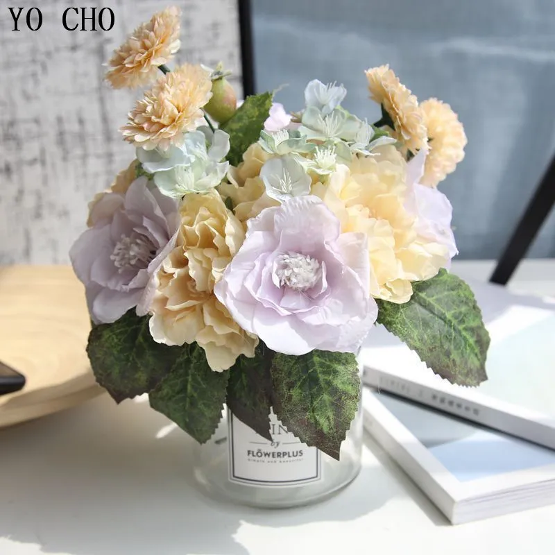 YO CHO Artificial Flowers High Quality Tea Rose Bouquet For Wedding Decoration Fake Flowers Home Balcony DIY Decor Silk Flowers