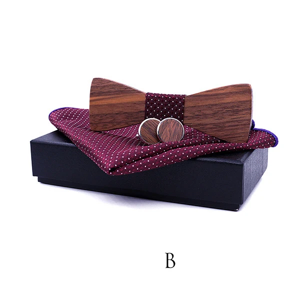  Fashion Wood Bowtie Handkerchief Cufflinks Sets for Mens Neckwear Accessories Wooden Bowtie Polyest