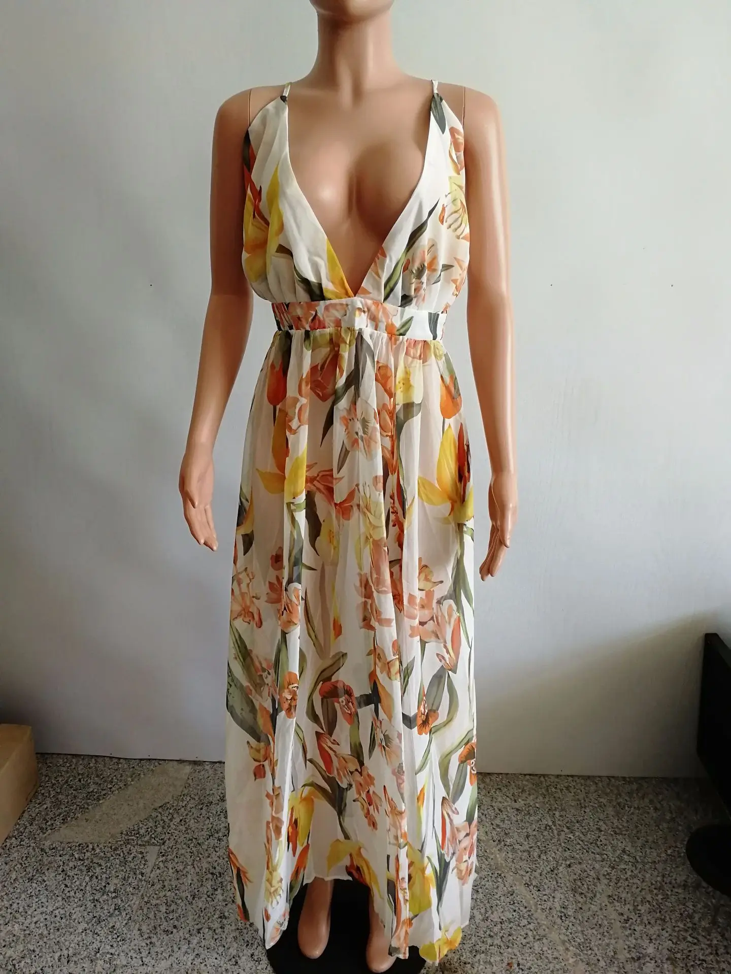 Женское платье с глубоким v-образным вырезом и цветочным рисунком, летнее пляжное платье без рукавов с открытой спиной, Длинное Платье Макси
