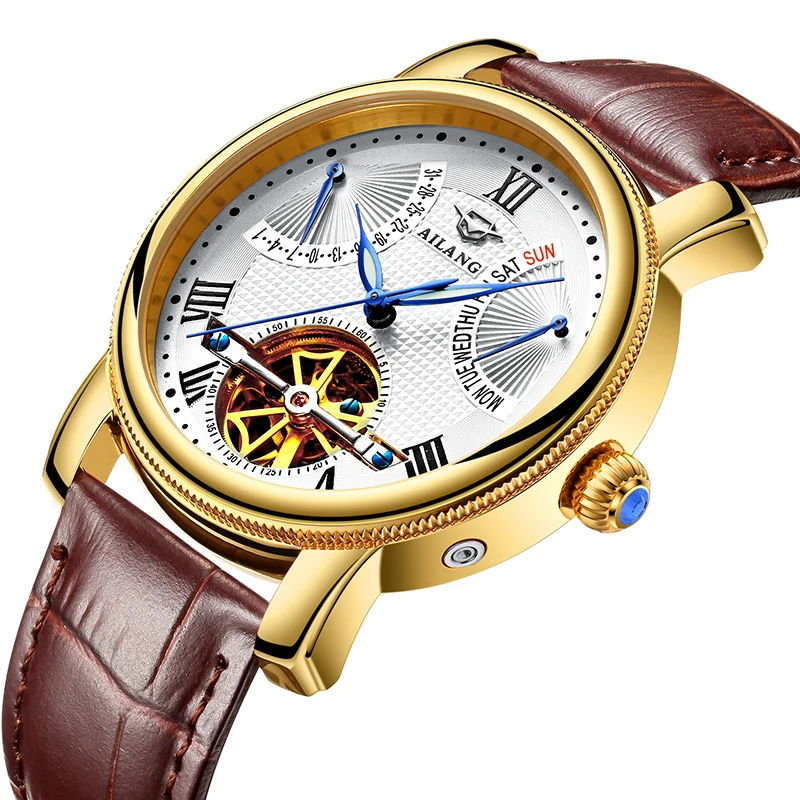 Мужские автоматические механические часы Tourbillon кожаные для отдыха деловые relojes