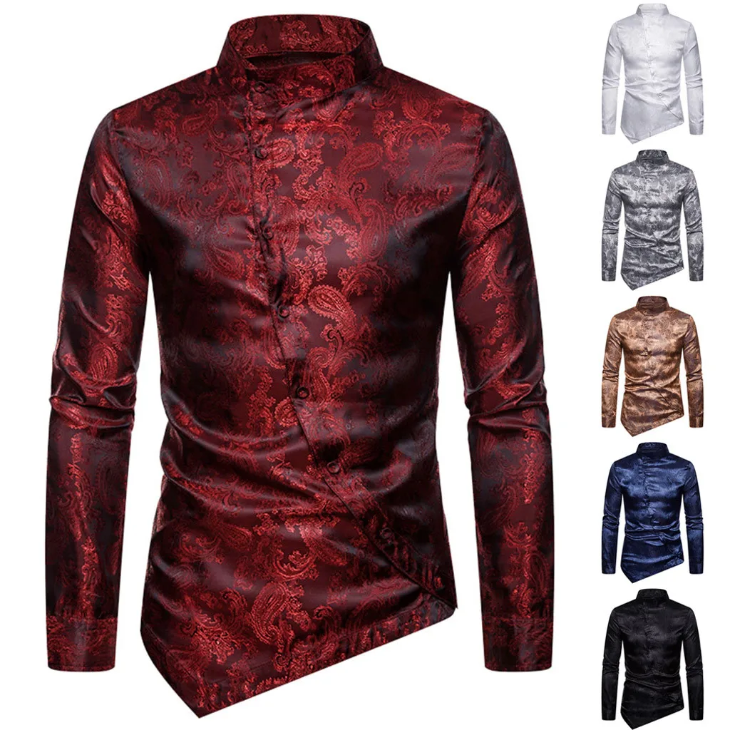 

2019 New Fashion High Quality Men Inclined Button Cashew Flower Irregular Stand Collar High-Grade Iong-Sleeve blouse men print