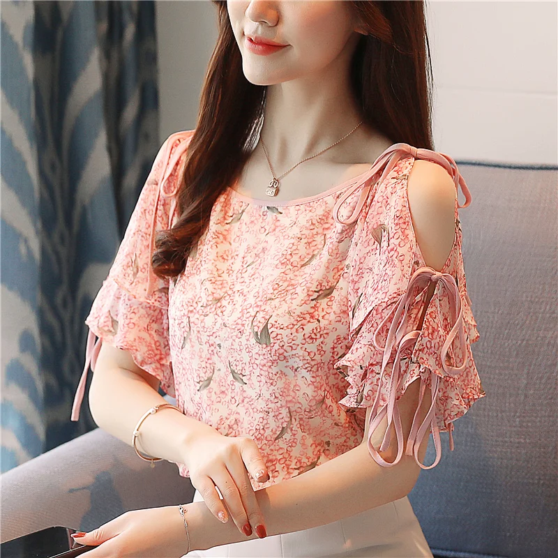

Fashion Mujer Tops Chiffon Blouses Short Sleeved O-Neck Floral Print Blouses Women Summer 2018 Clothing Female Shirts S6612