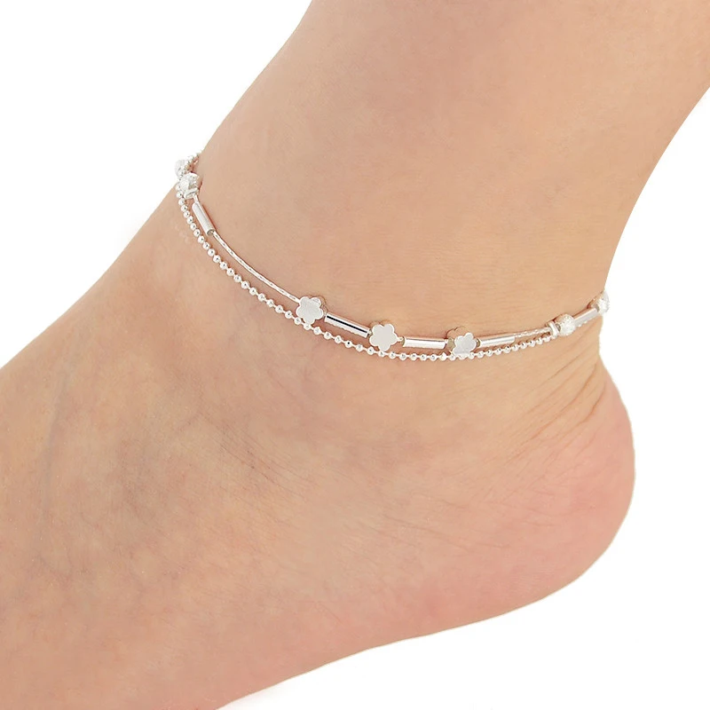 New Charm Anklets for Women Silver Plated flower round bead double