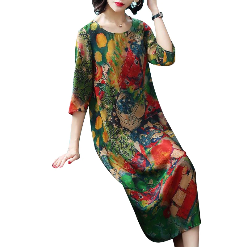 

Wmswjh Vintage Chiffon Silk Dress 2019 Floral Print Summer Dresses Fashion O-Neck Plus Size M-4XL Women Dress Robes A492