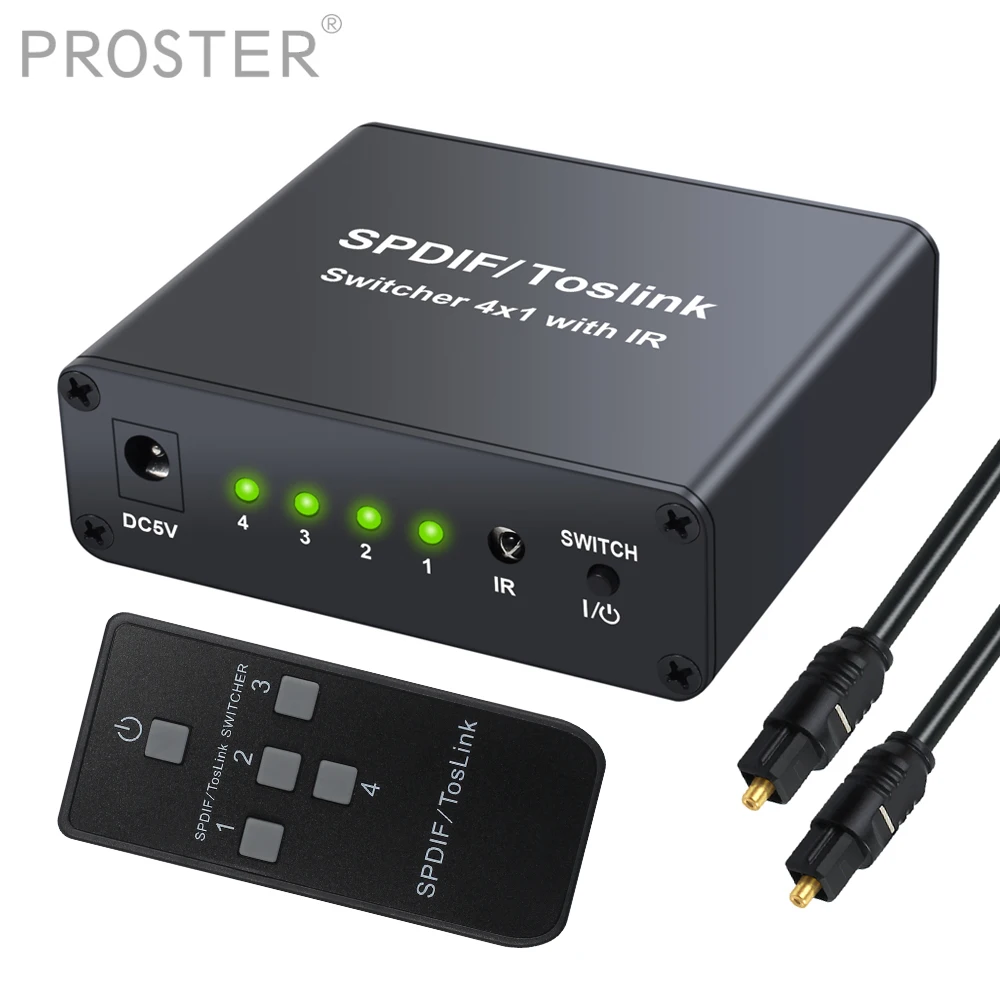 

Proster Aluminum Alloy Toslink 4x1 Switcher with IR SPDIF TOSLINK Switcher Digital Optical Switch for DTS Dolby-AC3 2.0CH 5.1CH