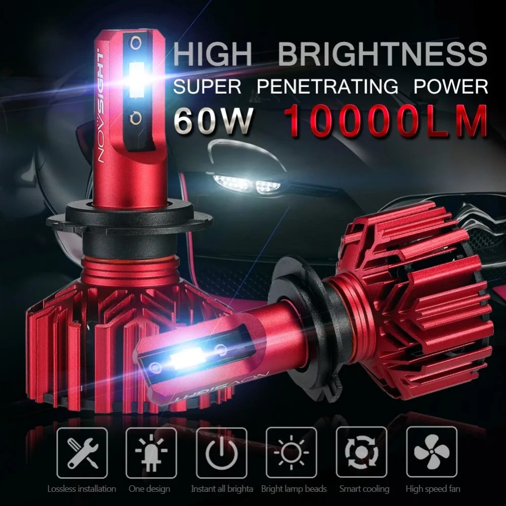 

NOVSIGHT Car Headlight Bulbs H7 LED 60W 10000lm Automobile Led H7 Headlamp 6000K Light for ford sierra