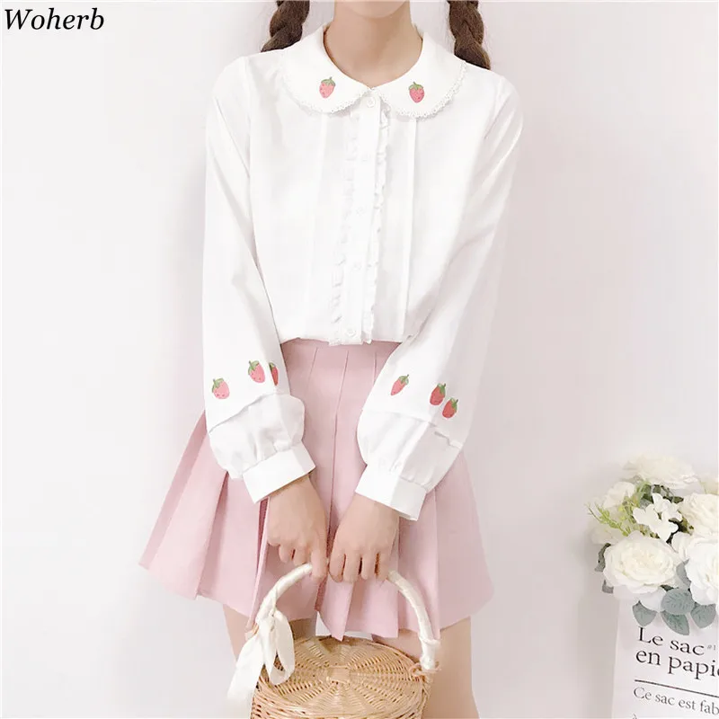 

Wohreb Japanese Kawaii Long Sleeve White Blouses 2019 Summer Sweet Strawberry Embroidery Shirt Elegant Ruffle Blusas 21686