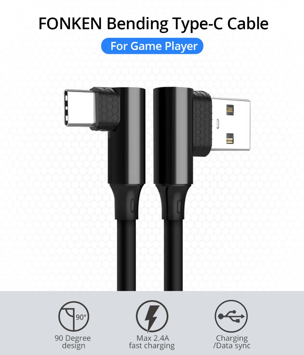 FONKEN usb type-C кабель 90 градусов, кабель для быстрой зарядки 2.4A, кабель для передачи данных, изогнутый, синхронизация, Реверсивный, для samsung Xiaomi USB-C