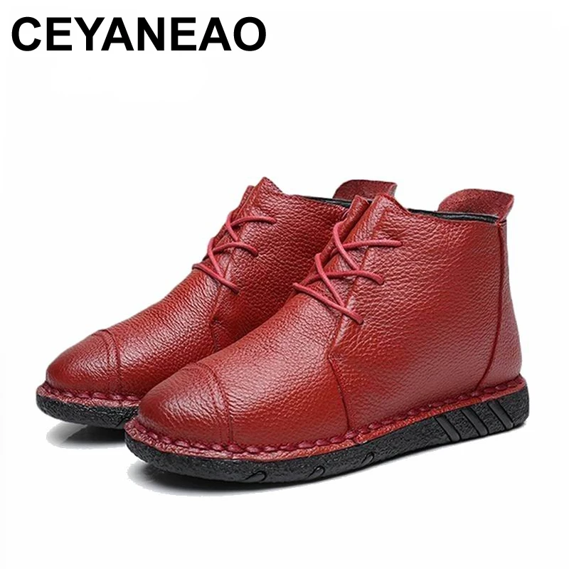 

CEYANEAO 2018Vintage Style Genuine Leather Women Boots Flat Booties Women's Shoes winter warm plush Ankle Boots