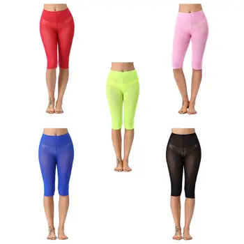 

Women Sexy Perspective Mesh Sheer Swim Short Pants Bikini Cover Up High Waist Solid Color Knee Length Beach Capri Pants Swimsuit
