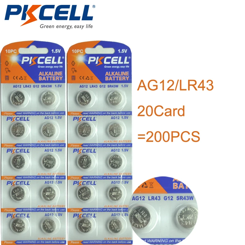 200 шт/20 карт PKCELL AG12 батарея 386 SR43SW LR43 186 1 5 V щелочные кнопки батареи монета для часов
