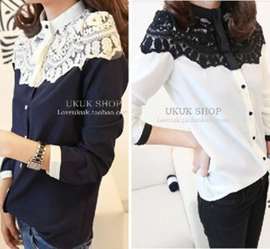 Yishion 2013 autumn women's top lace chiffon shirt long-sleeve basic |