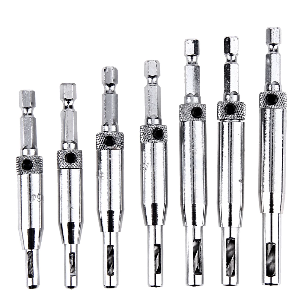 

7Pcs/set Self Centering Hinge Cabinet Door Hardware Wood Drill Bit Set 5/64 7/64 9/64 11/64 13/64 1/4 5mm Guide Pilot Hole Drill
