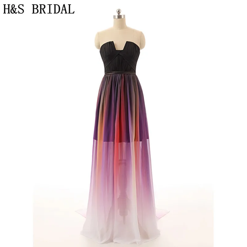 

H&S BRIDAL Rainbow Cheap Evening Dress robe de soiree 2017 Draped Evening Party Dress Gradient Colors Chiffon Prom Dress