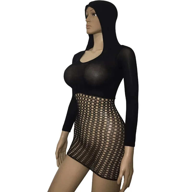 

Sexy Fantasy See Through Hooded Long Sleeve Bodycon Crochet Fishnet Nylon Hood Chemise Mini Dress Bodysuit Lingerie