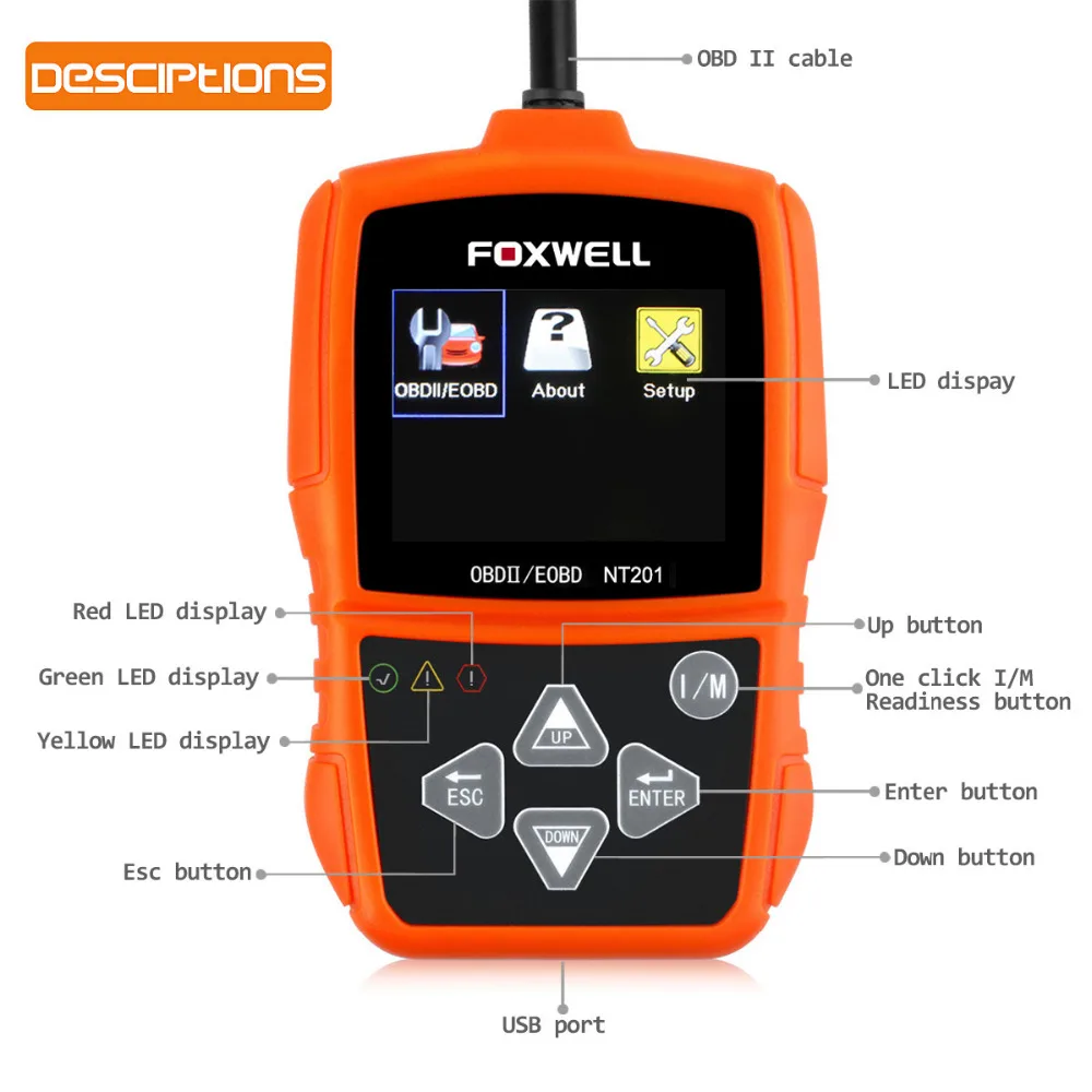Foxwell OBD2 NT201 Универсальный EOBD CAN сканер автомобильный считыватель кодов двигателя