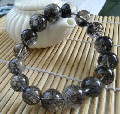 

001961 natural genuine black tourmaline quartz beads stretch bracelet