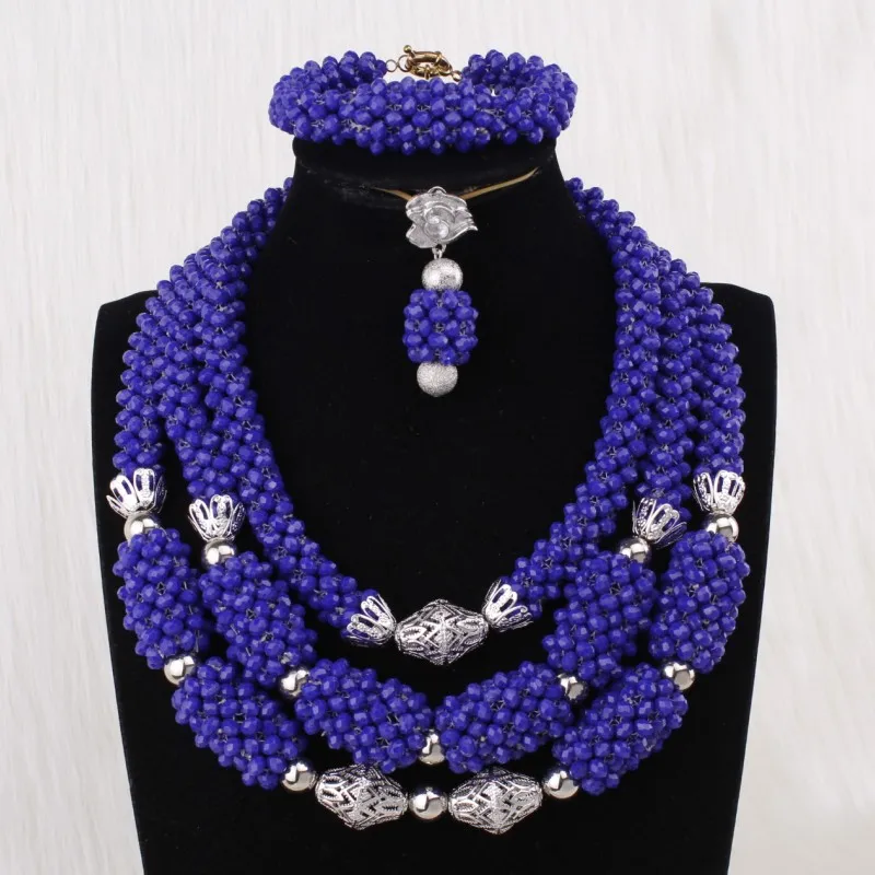 

African Jewellery Royal Blue And Silver Balls Dubai Jewellery Set Bridal 3 Layers Crystal Women African beads Jewelry Set 2019