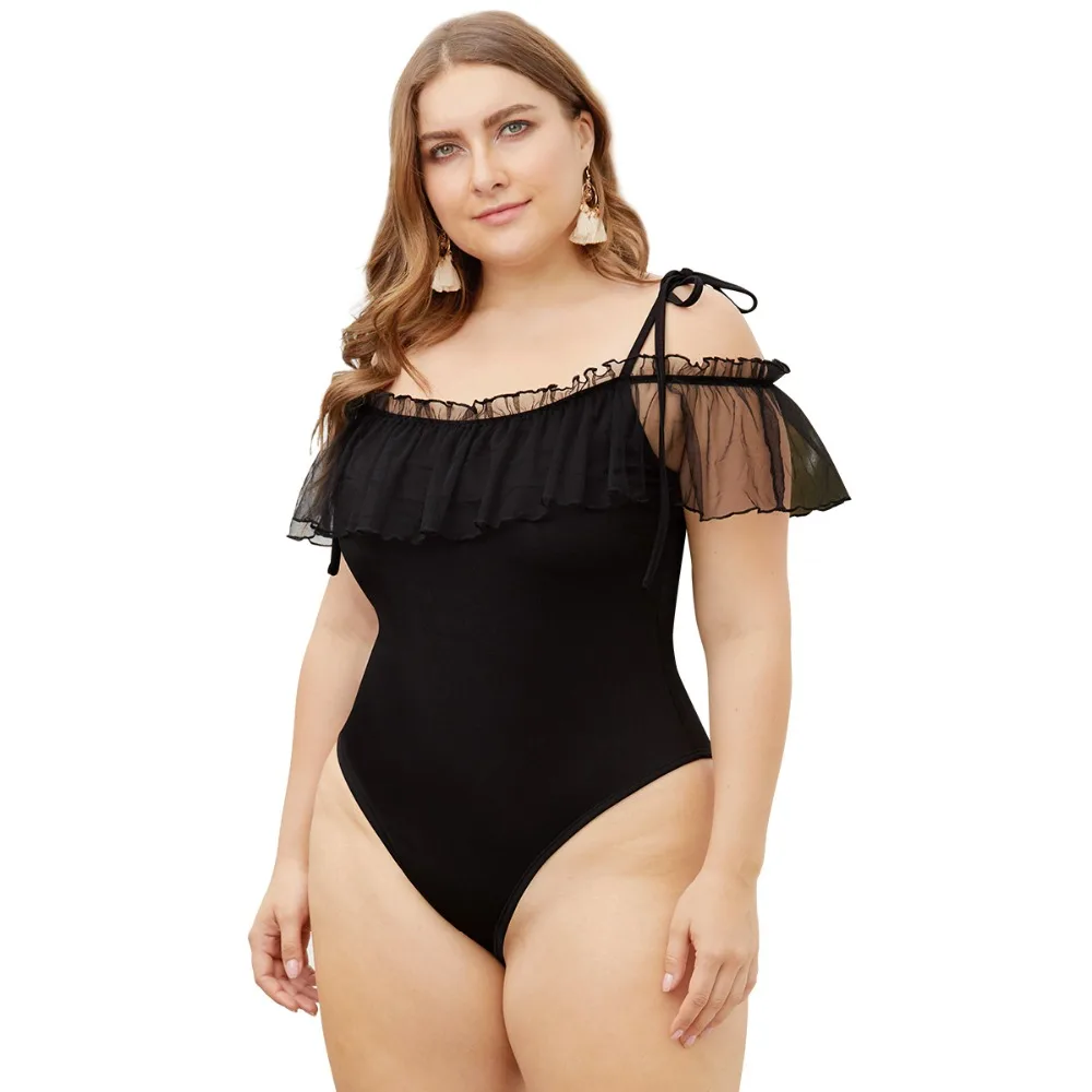 

WHZHM Lace Short Sleeve Strap Bodysuits Women Summer Backless Mesh Patchwork Black Ruffles Sexy Club Playsuits Elegant Femme