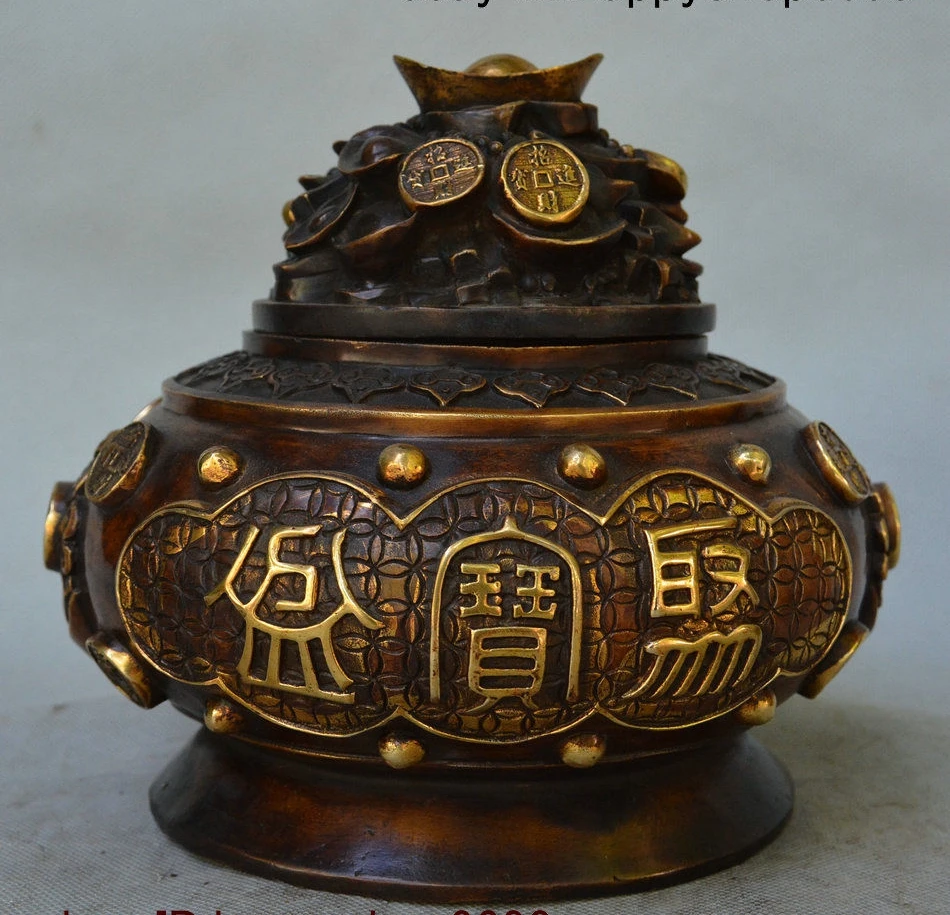 

8" Chinese Bronze Gilt Treasure Bowl Yuan bao Coins Statue Incense Burner Censer