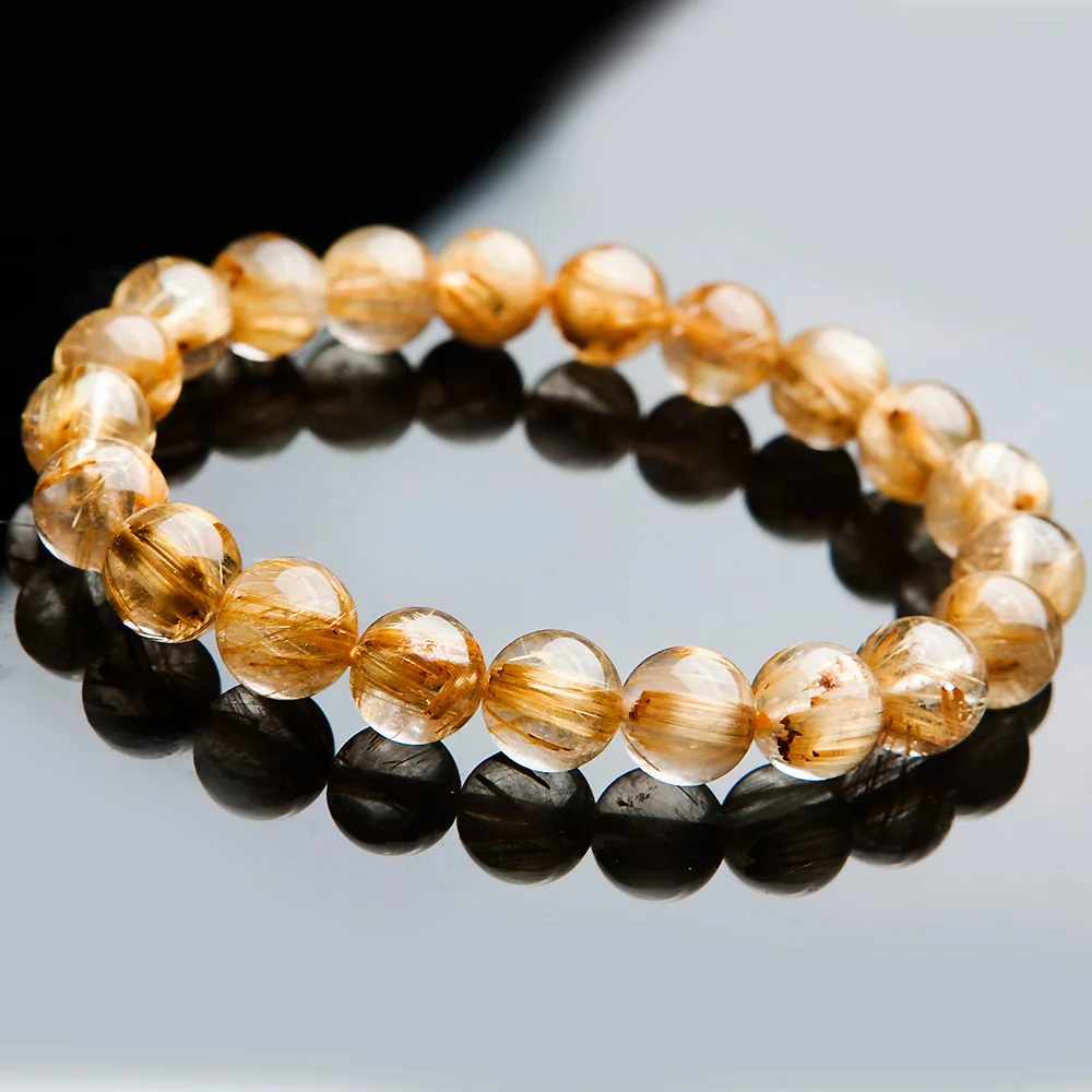 

9mm Natural Gold Rutilated Quartz Crystal Woman Man Titanium Brazil Wealthy Stone Round Beads Bracelet Jewelry Bangle AAAAA