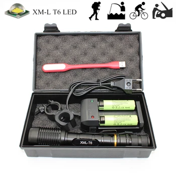 

Tactical T6 LED Flashlight Zoom Light Rechargeable Torch USB Light Outdoor Bike Lamp + 18650 Battery + Charger + Bike clip +Box