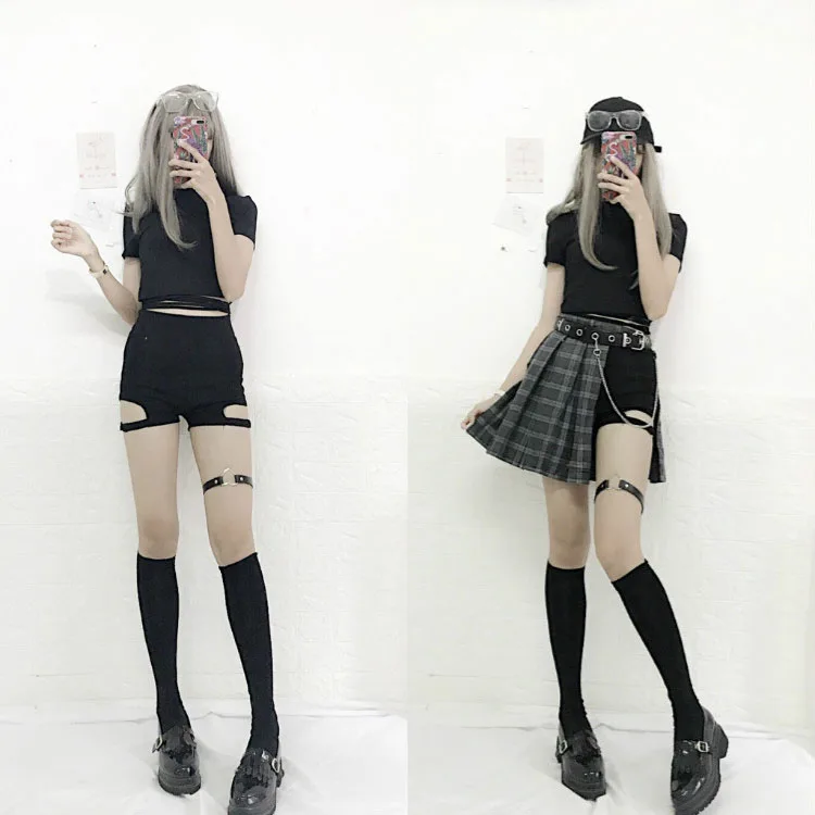 Милый женский комплект: черная короткая футболка/черные мини-шорты/клетчатая мини-юбка летняя женская мода девушка минималистичный крутой