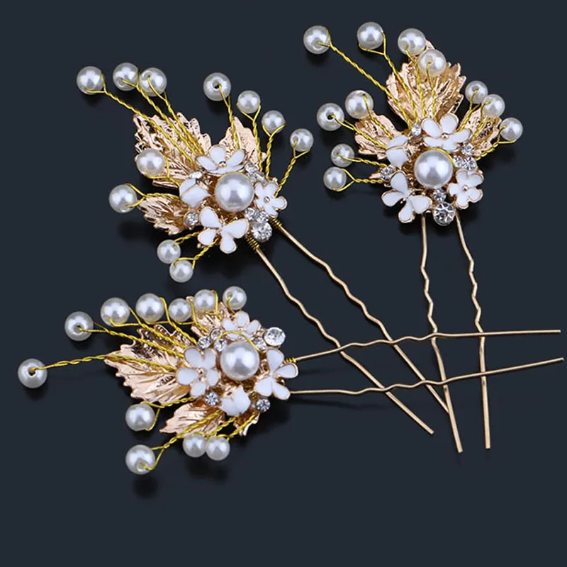 3Pcs Luxury Gold Pearl Rhinestone Bridal Hair Pin Women Clip Leaf Headpiece Jewelry Wedding Accessories SL | Украшения и