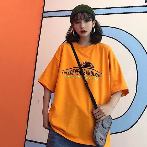 

Tee Shirts Woman Summer Tops Korean Style Ulzzang Harajuku Letters Printed Orange T-shirt For Women Casual Short Sleeve Tshirt