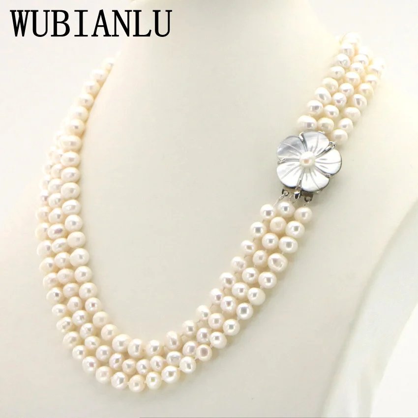 Cena WUBIANLU 3 wiersz 7 8mm biały słodkowodne naszyjnik z pereł łańcuch kwiatowy przyciski biżuteria kobiety dziewczyna bankiet 17 19 InchFashion urocze