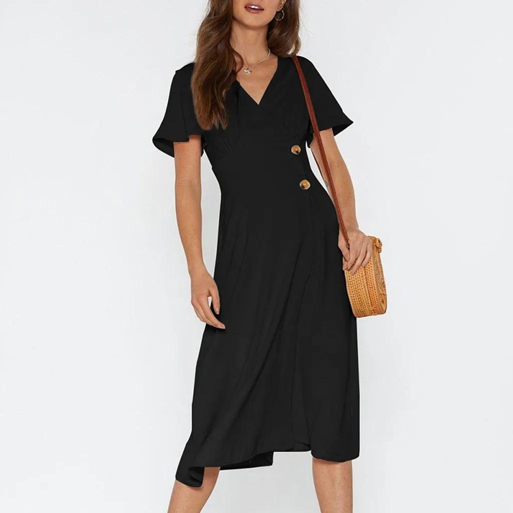 

New Elegant Summer Dress Printed Fashion Women's Short Sleeve V Neck Button Down Casual Summer Flowy Dress 2019 Vestidos Femme