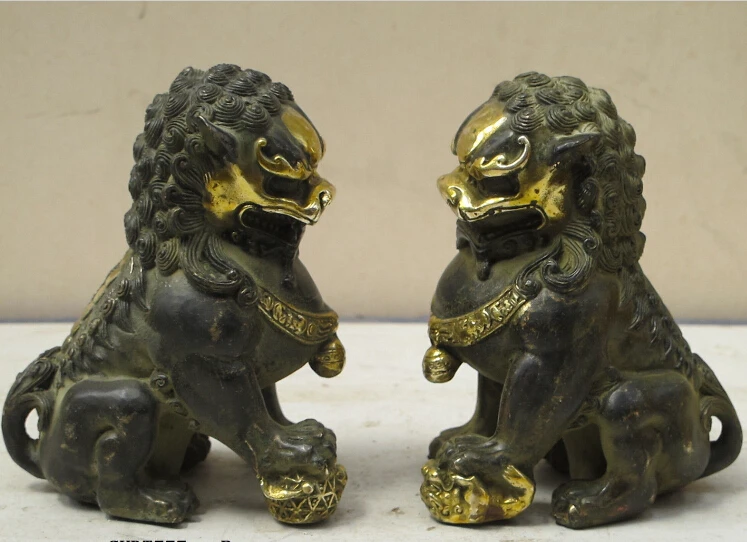 

6"Chinese Folk Bronze gilt Feng shui Foo Dog Lion Brave Door Guardian Pair Statue Statue