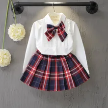 Школьный стиль, весенне-осенний Модный комплект с платьем для девочек, белая рубашка Топ с клетчатым галстуком-бабочкой+ клетчатая юбка комплект из 3 предметов Одежда для девочек
