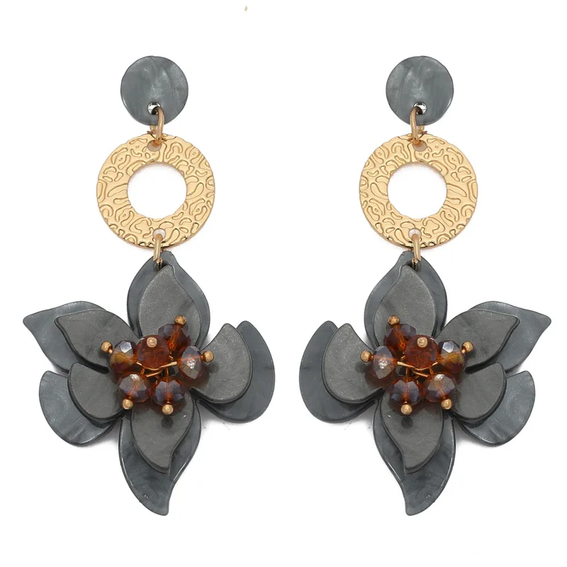 

2019 New Korean Fashion Acrylic Flower Drop Earrings For Women Gold Carved Loop Pink Blue Long Statement Earrings For Party